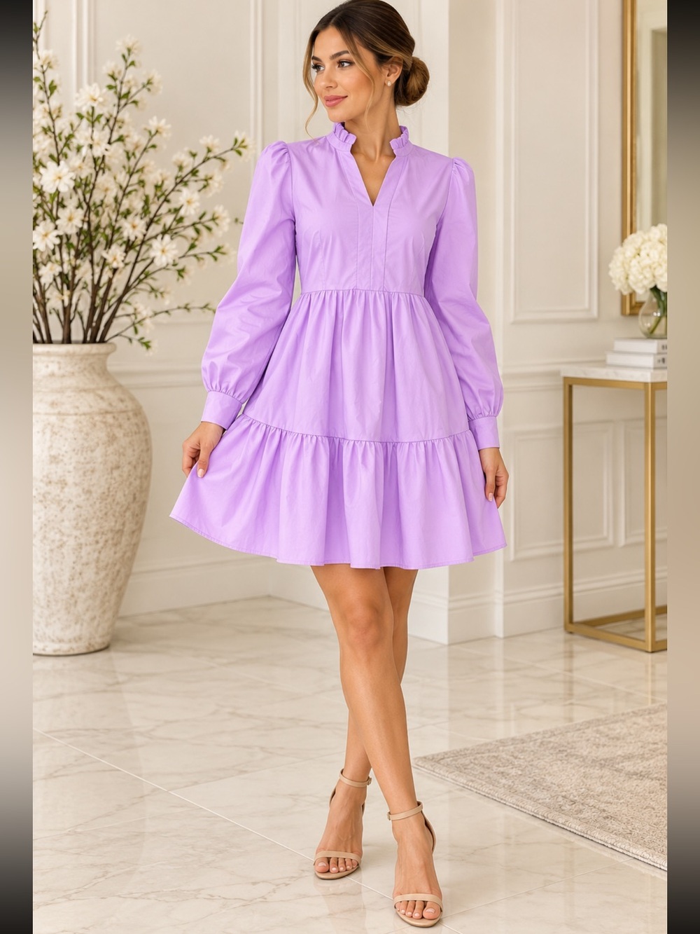 Karlie Lilac Purple Tiered Mini Dress Size M – Ruffle Neck Long Sleeve